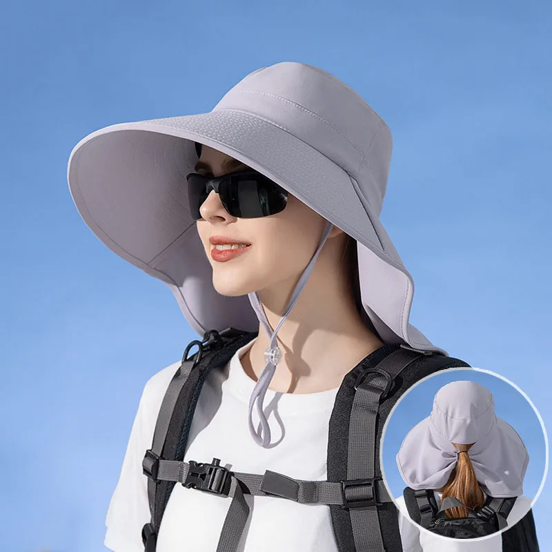 

Female Long Wide Brim Ponytail Sun Hat Summer Anti UV Beach Caps Outdoor Hiking Fishing Hat Women Protection Bucket Hat