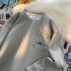 Multicolour Solid Colour Pocket Embroidery Printed Sweatshirt College Style Round Neck Top Trendy Fashion Men's Clothing