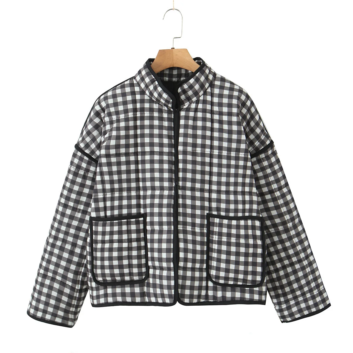 Maxdutti 2024 Black White Checkered Pocket Parka Coat Autumn And Winter Drop Shoulder Jacket Women