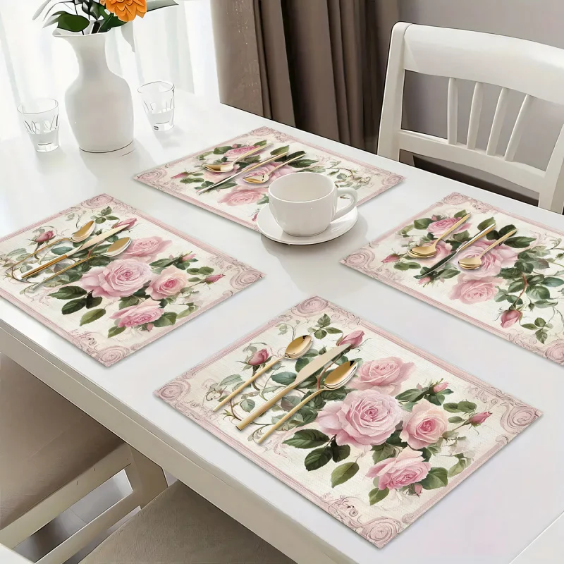VIKAMA Vintage Floral Placemats Set of 4/6/8 Pink Rose & Green Leaf Pattern Indoor Outdoor Use Dining Table Decor