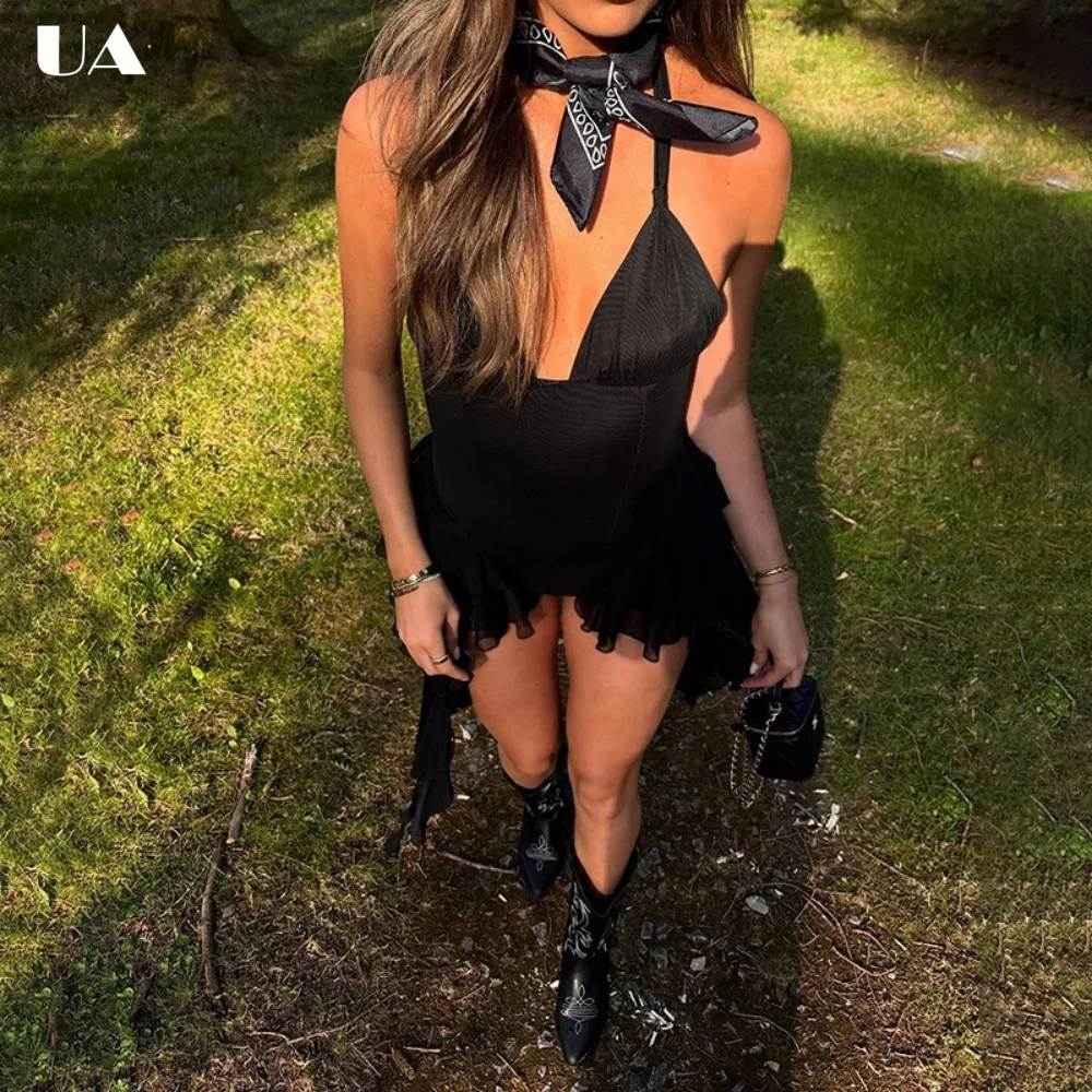 

Trendy Sleeveless Tied Halterneck Ruffled Mini Dress Hotsweet Backless V-neck Short Dress Fashionable Solid Fit-and-flare Dress