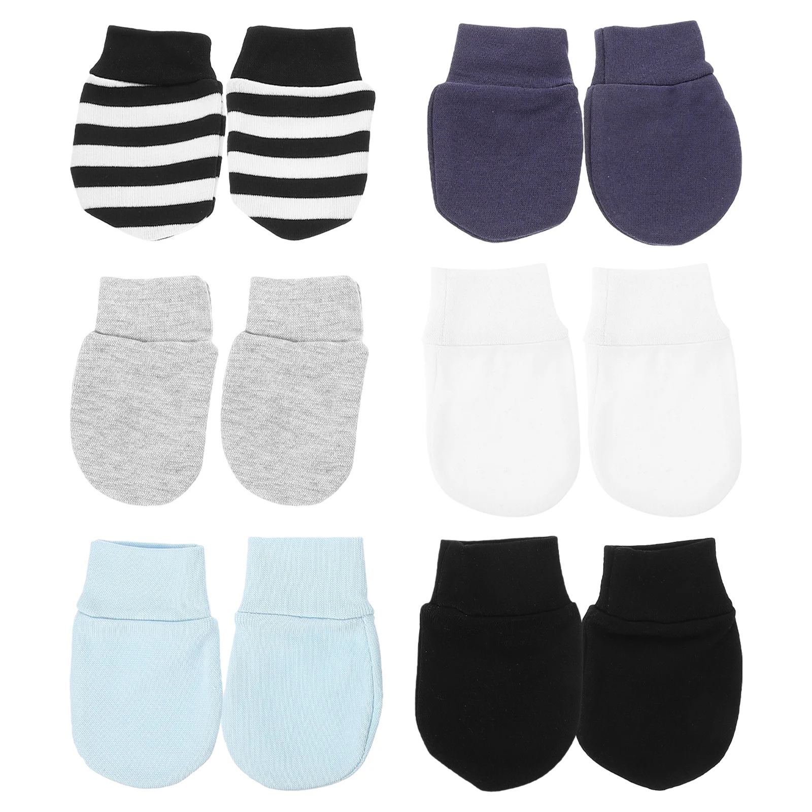 

6 Pairs Anti Scratch Mittens Baby Hand Protectors Cotton Soft Newborn Gloves White Gray Black Blue Striped Non Deform Elastic