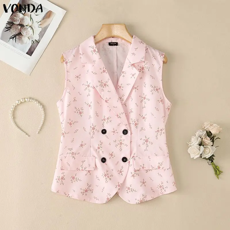

VONDA Casual Women Sleeveless Printed Outerwears Elegant Lapel Neck Thin Jackets 2026 Summer Vests Fashion Office Clothing