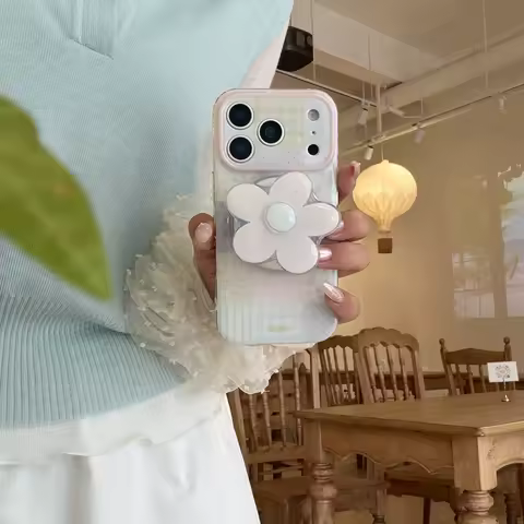 Korean Style Artistic Splicing Floral Grid Pattern With Flower Magnetic Holder Phone Cover Case for iPhone 17 16 15 14 Pro Max