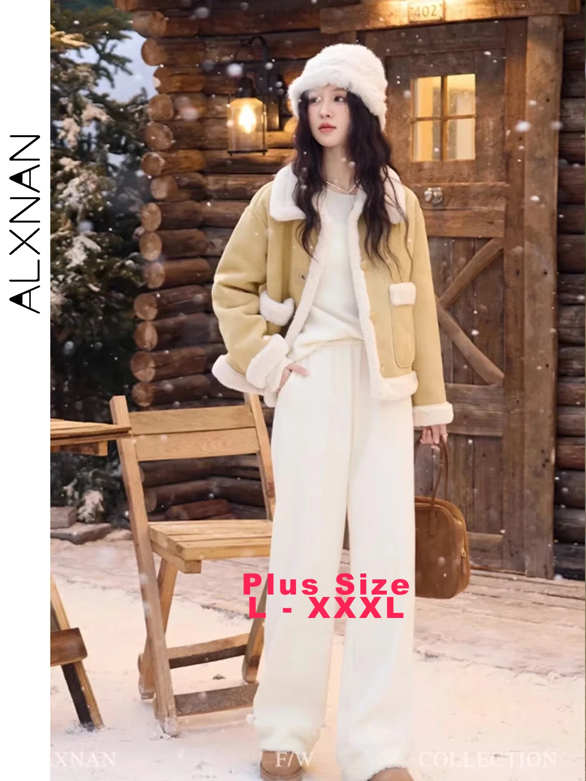 

ALXNAN Plus Size Women Fleece Wide-leg Pants Elastic High-waist Spliced Lamb Wool Straight Pant Winter Thickness Trousers D08852