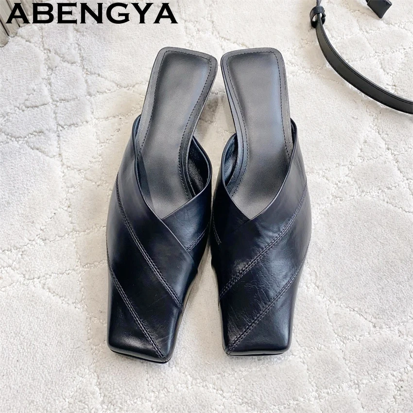 New Genuine Leather Wrap Toe Flat Slippers Women Square Toe Slingback Slippers Woman Summer Dress Party Shoes Mujer
