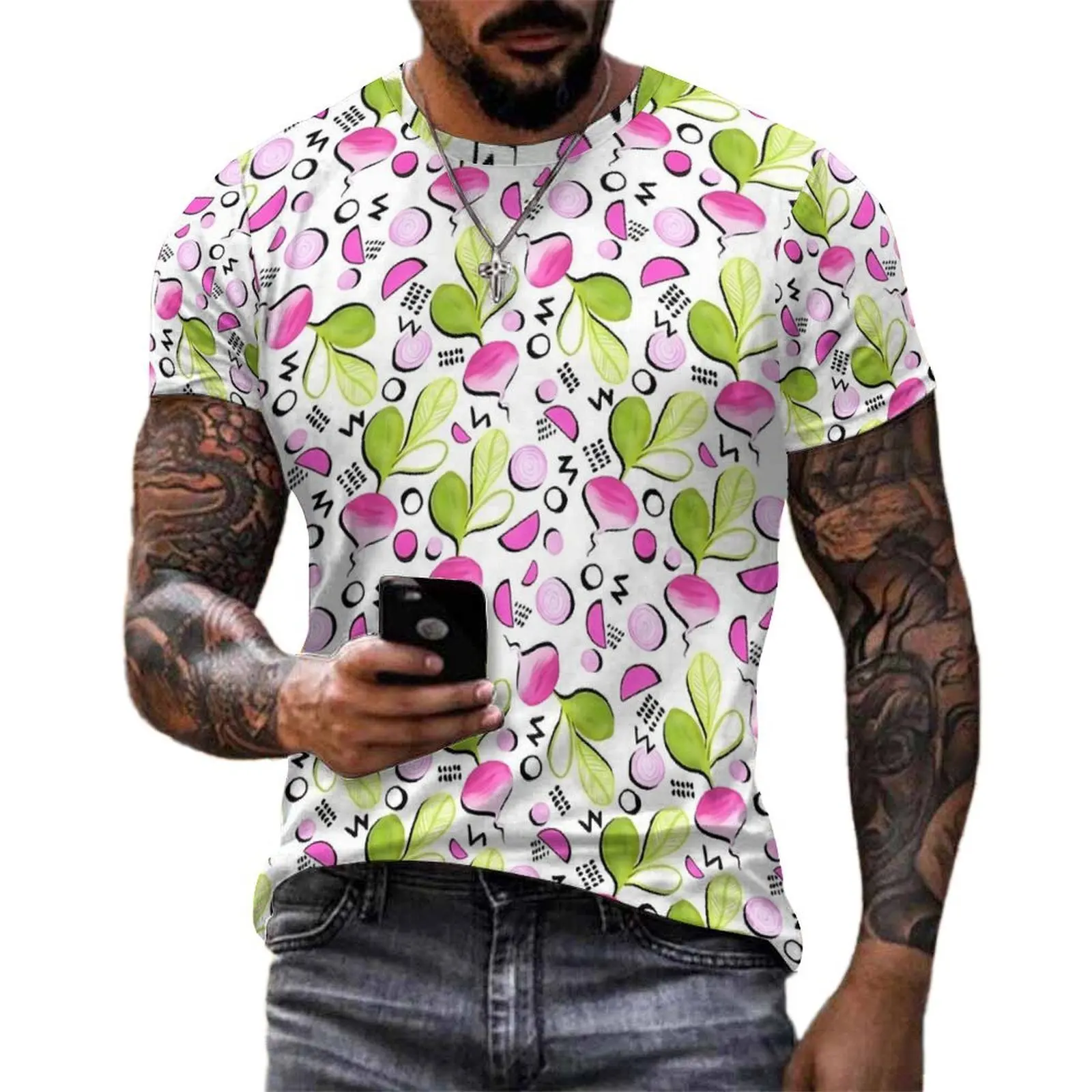 Mens Radishes Print T Shirt Vegetable Novelty T Shirts Short-Sleeve Design Tops Cheap Summer Streetwear Oversized Clothes
