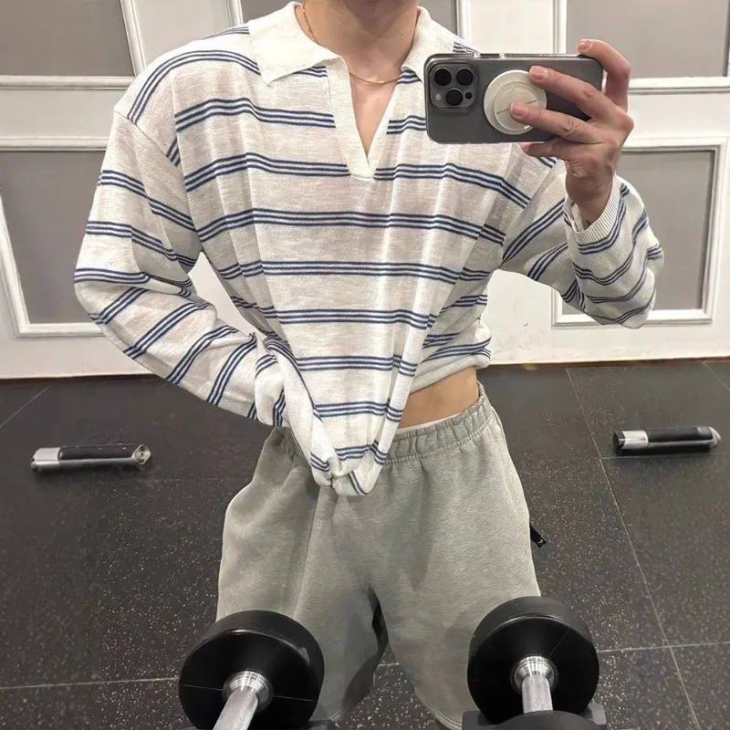 V-neck Striped Knitted Polo Shirt Long Sleeved Slightly Transparent Elasticity T-shirt Men's Spring Light Breathable Casual Top