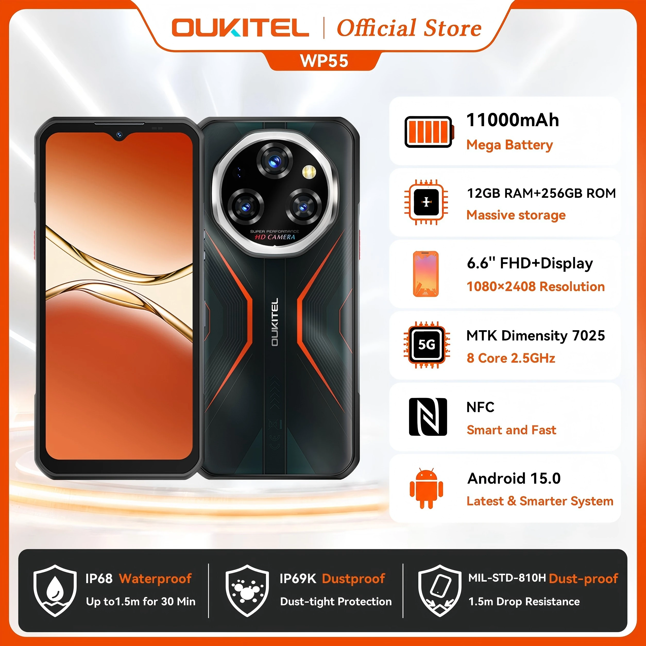 Oukitel WP55 Series 5G Rugged Smartphone 11000mAh, 256GB or 512GB ROM Cell Phone Android 15, 108MP Camera NFC Mobile Phone