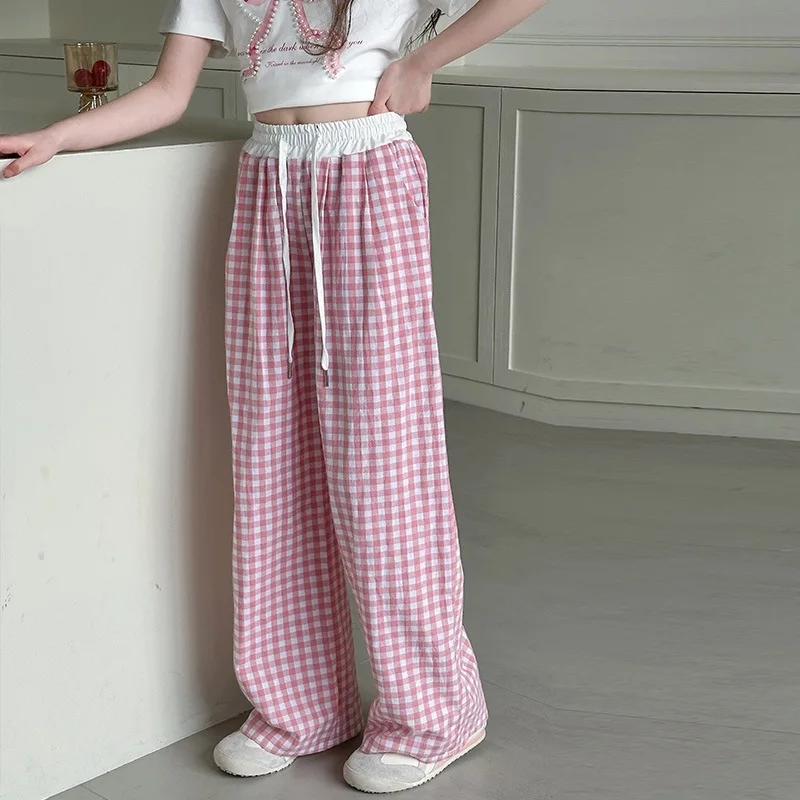 

Girls Wide-leg Pants 2025 New Korean Lace-up Five-color Plaid Pants Sweet Fashion Mosquito-proof Pants