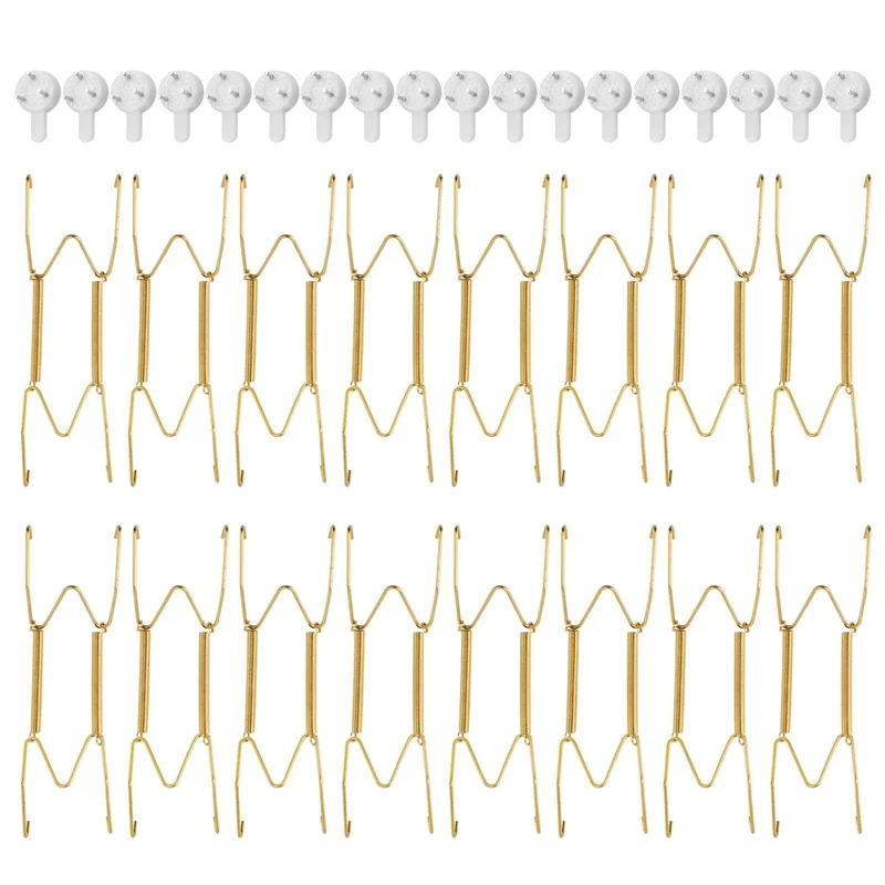 16 Pieces 6 Inch Invisible Plate Hangers Wall Plate Hangers Brass Wire Plate Holders With 18 Pieces Wall Hooks For 5 To 7 Inch D