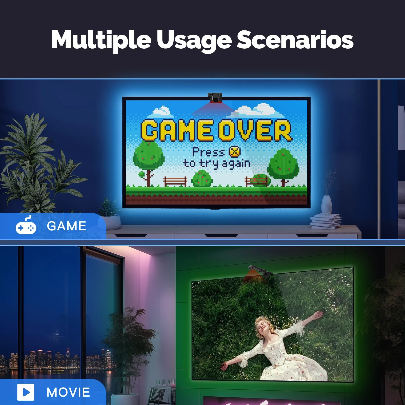 MOES Tuya بلوتوث TV LED شريط إضاءة خلفي مع كاميرا منتقي ملونة AR لا يوجد مجموعة صندوق علوي مطلوب مزامنة الموسيقى IP64 مقاوم للماء