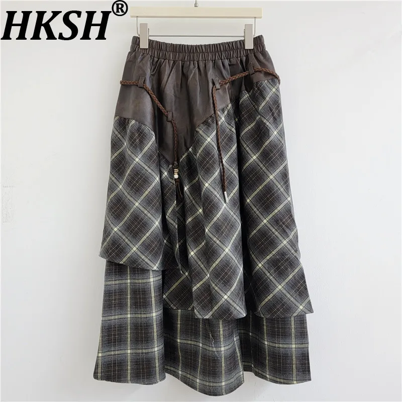 HKSH Women Skirt American Style Retro Trendy Leather Patchwork Plaid Versatile Design Irregular Casual Loose Long Skirts HK27340