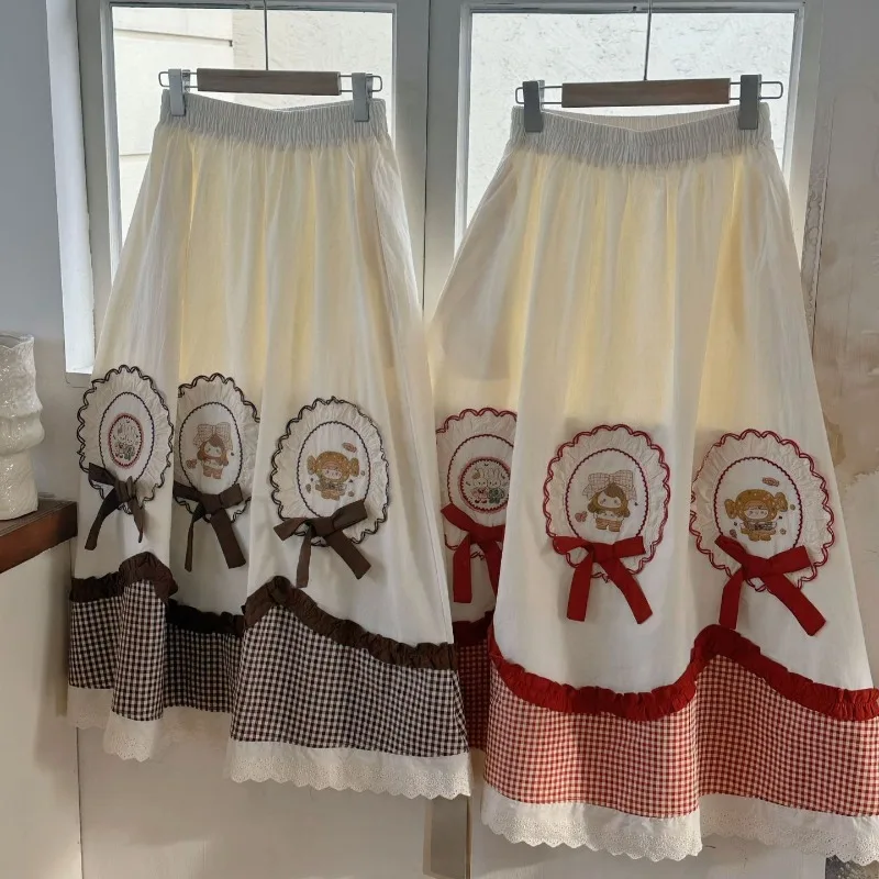 Vintage Kawaii Mori Girl Style Patchwork Plaid Embroidered A-Line Maxi Skirt Elastic Waist Ruffle Fall Cute Long Skirt for Women