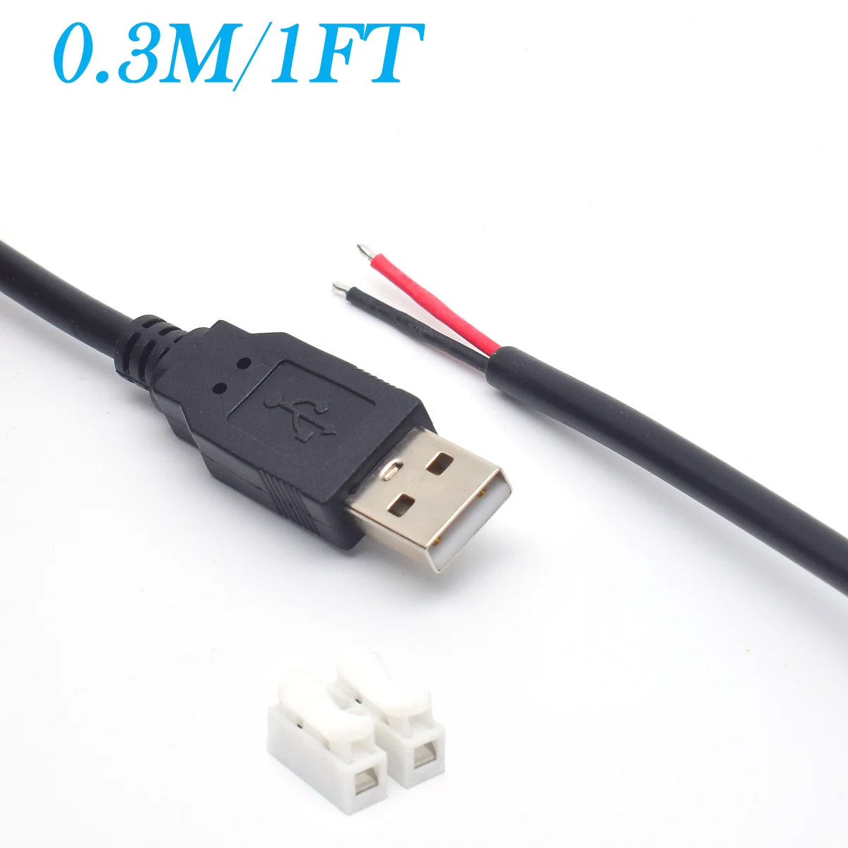 18AWG USB 2.0 Male Pigtail Cable, 0.3M/1FT 2-Pin Bare Wire Extension, 5V 7A DIY Connector with Spring Terminals
