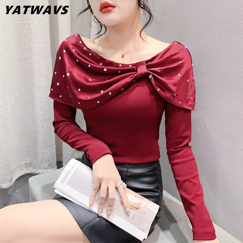 New Spring Women\'s T-Shirt Fashion Sexy Chic Off Shoulder Slash Neck Hot Diamonds Tees 2024 Ladies Long Sleeved Tops Cothes