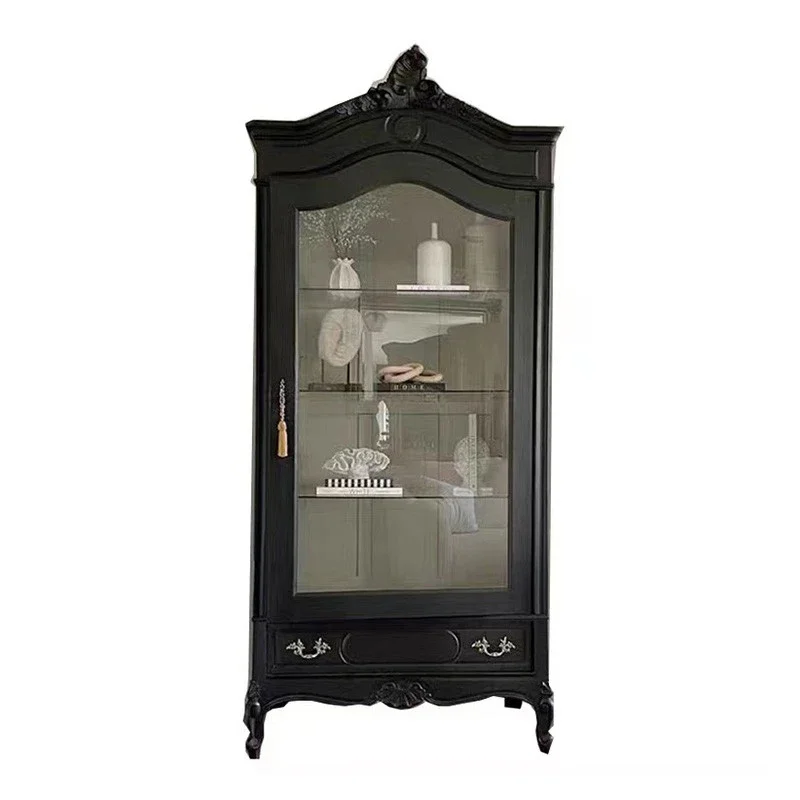 

Wood Carved Sideboard Villa Living Room Vintage Glass Wine Black Display