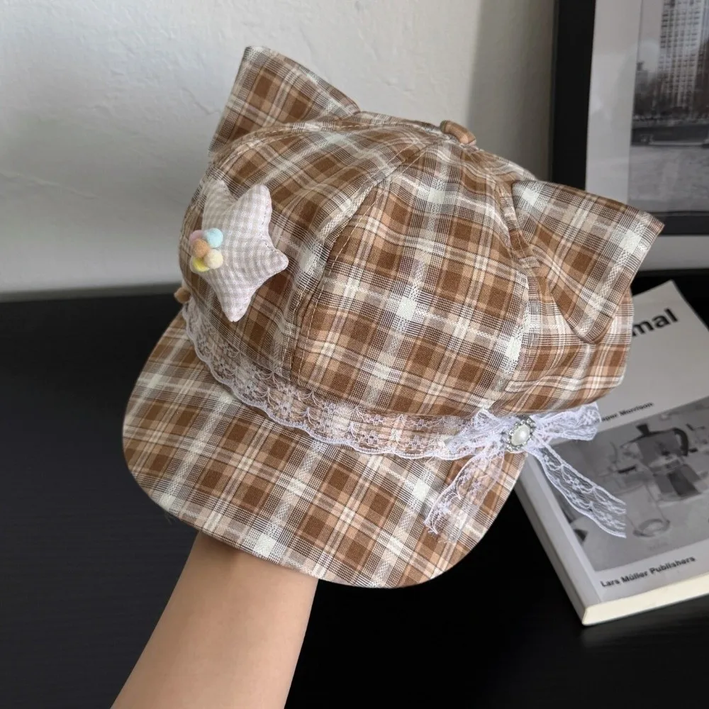 Fashion Stars Lace Decor Plaid Octagonal Cap Sun Protection Face Slimming Berets Y2K Newsboy Hat Spring Summer