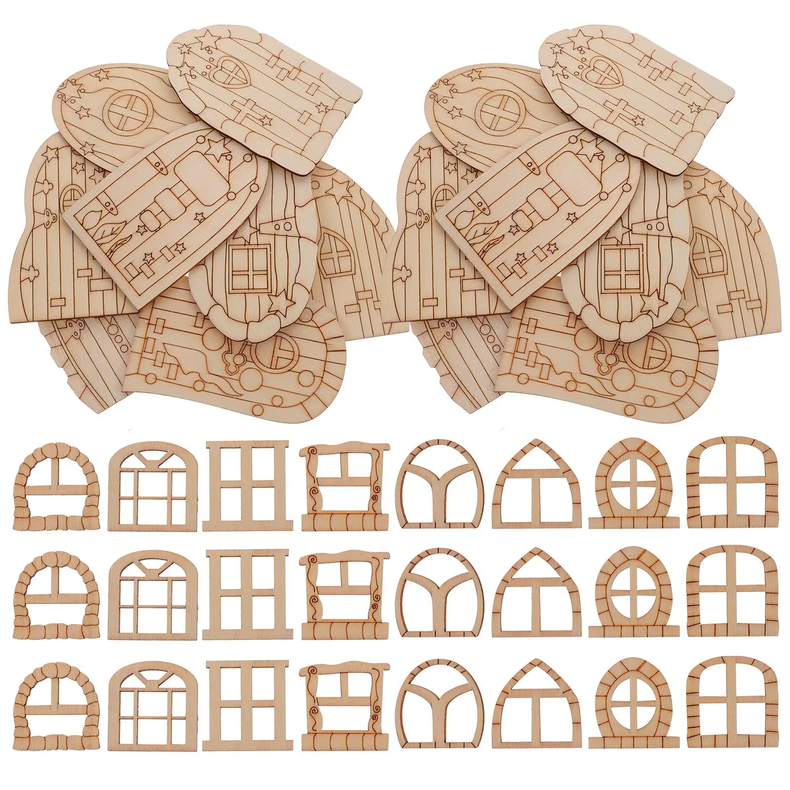 

64 pcs Wooden Fairy Tale Doors Window Unfinished Miniature Accessories Blank House Crafts Sewing Tools Props Photography