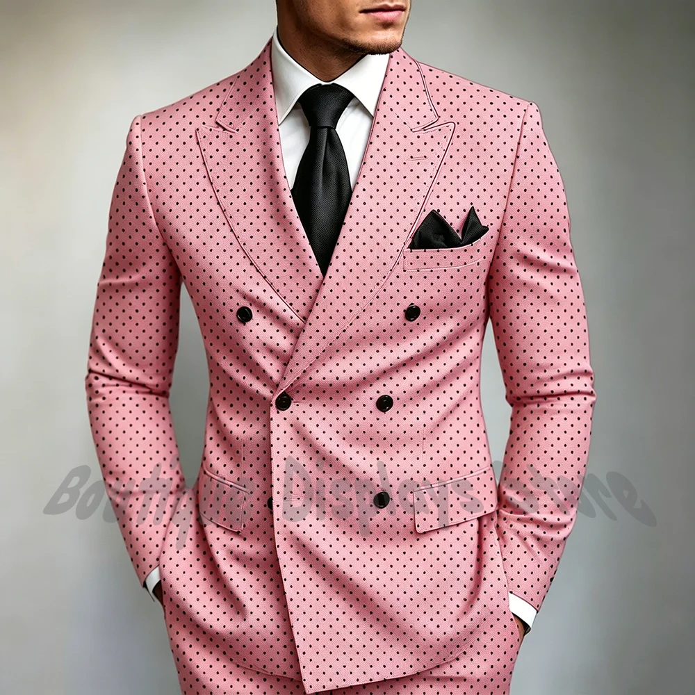 

Pink Polka Dot Double Breasted Men Suit 2 pieces Blazer Pants Set Slim Fit Formal Business Prom Party Banquet Male Outfit