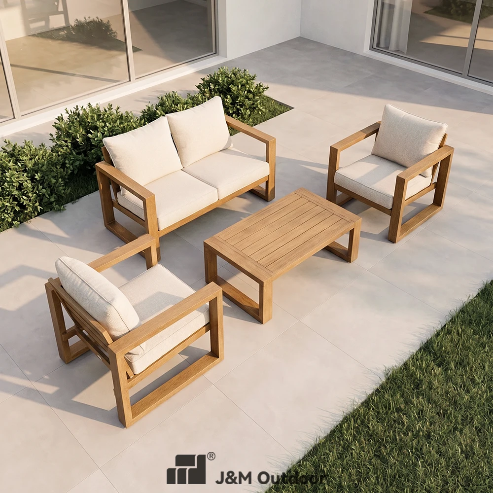 J&M T834 Modern 4 Seater Aluminum Waterproof Eco-Friendly Outdoor Sofa Set Square Frame Wood Grain Living Room Hotel Dining Park