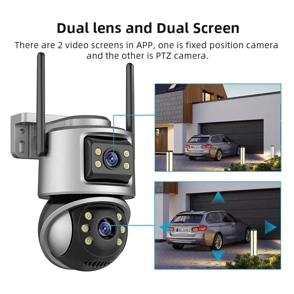 Dual Lens Wifi Camera Outdoor 4K 8MP PTZ Night Vision Dual Screen Human Detection 4MP Security Protection Surveillance IP Camera