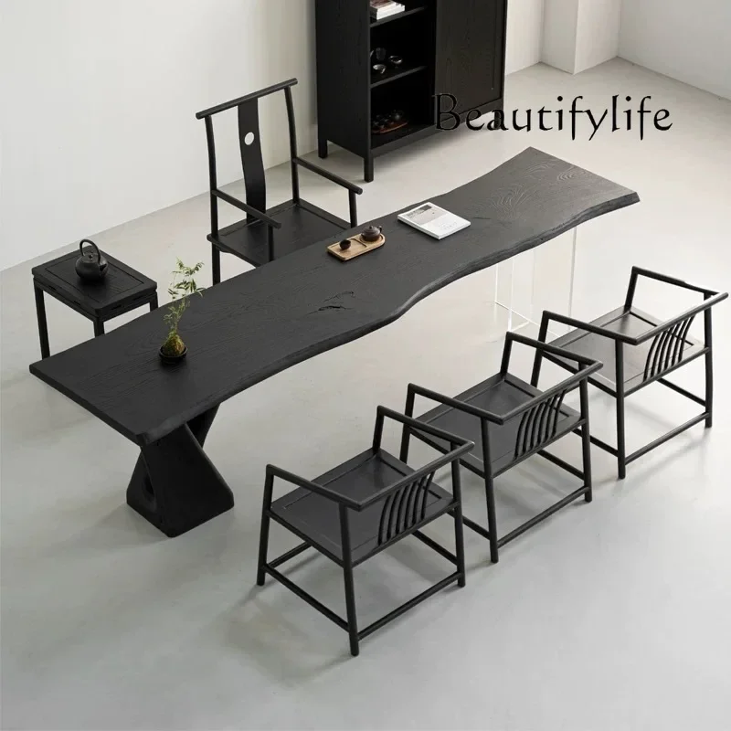 M Ash Wood Large Board Tea Table Wabi Wind Gradual Change Charcoal Carbonized Black Solid Wood Whole Board Designer Meeting Tabl