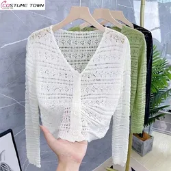 Cárdigan de manga larga para mujer, chaqueta delgada de hielo, protección solar hueca, chal de tendencia, primavera y verano, novedad de 2024