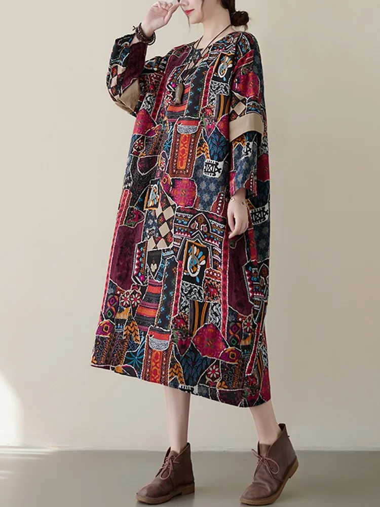 Women Casual Dress New 2022 Autumn Vintage Style All-match Print Loose Comfortable Female Cotton Linen Long Dresses B2164