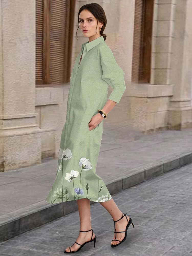 

2024 New Street Fashion Casual Front Button-Down Shirt Dress Women's Urban Everyday Style Printed Long-Sleeved Lapel Dress