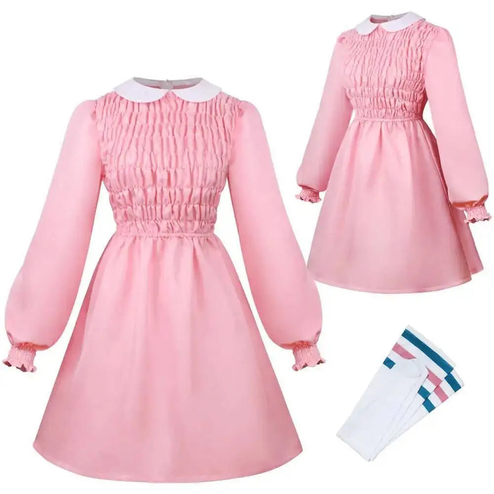 

2 Pcs Pink Princess Lotus Dress Little Eleven Stranger Things Cos Costume Girls Dress Cosplay Halloween American Drama Matching