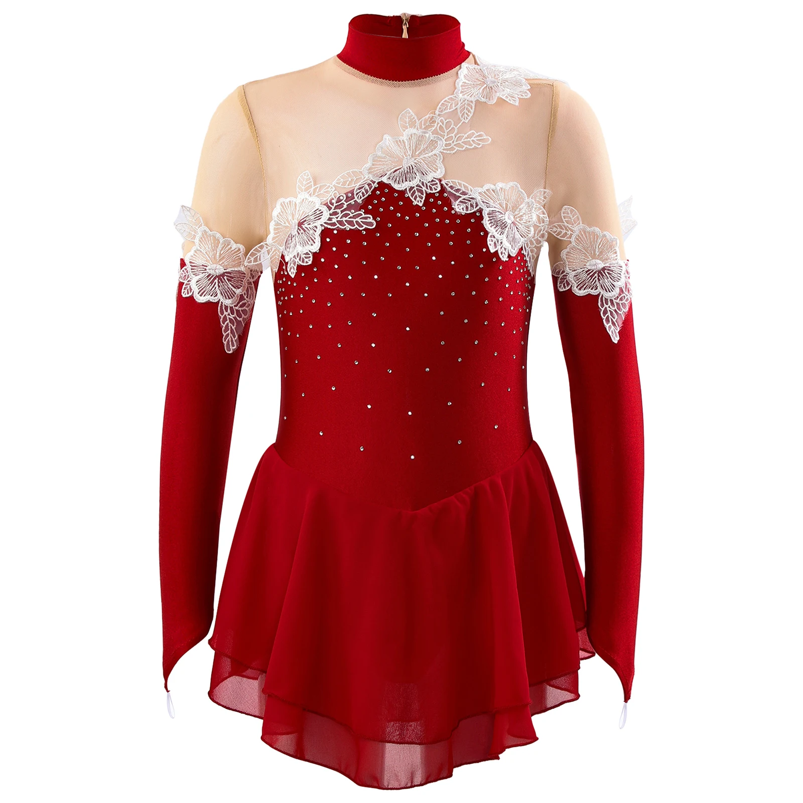 เด็กหญิงรูปสเก็ตบัลเล่ต์ Tutu Dance ชุดกระโปรงแขนยาวคอตั้ง Dancewear Rhinestone เงาซิปปิดกลับ