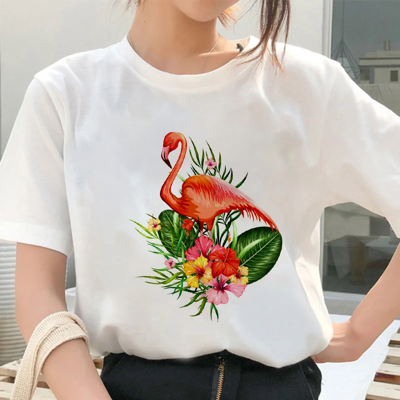 Harajuku Women fashion T-Shirt 2020 Summer Lovely Flamingo Printing T Shirt Casual White Tops Short Sleeve Tshirt clothing