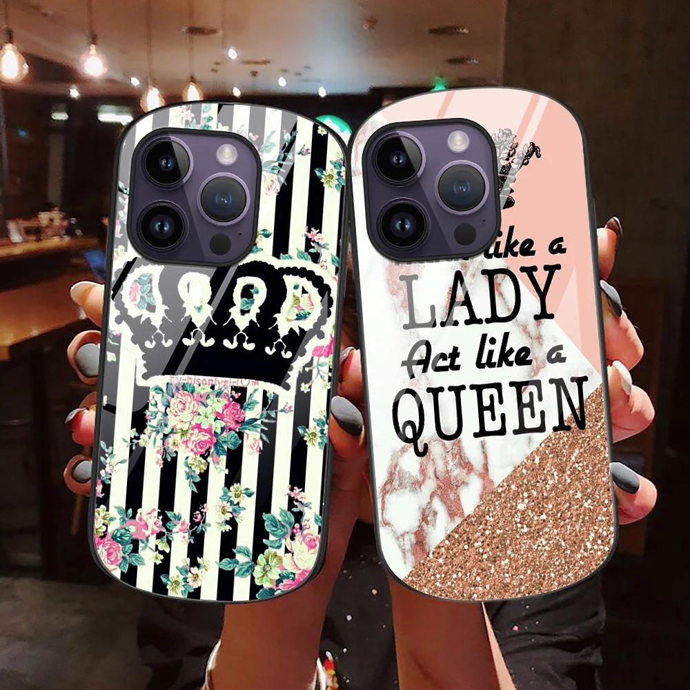 

Flower Crown Phone Case for iPhone 14 13 Pro Max Mini XR XSMax 7 8 Plus SE Queen Oval Tempered Glass Back Cover for iPhone 12 11