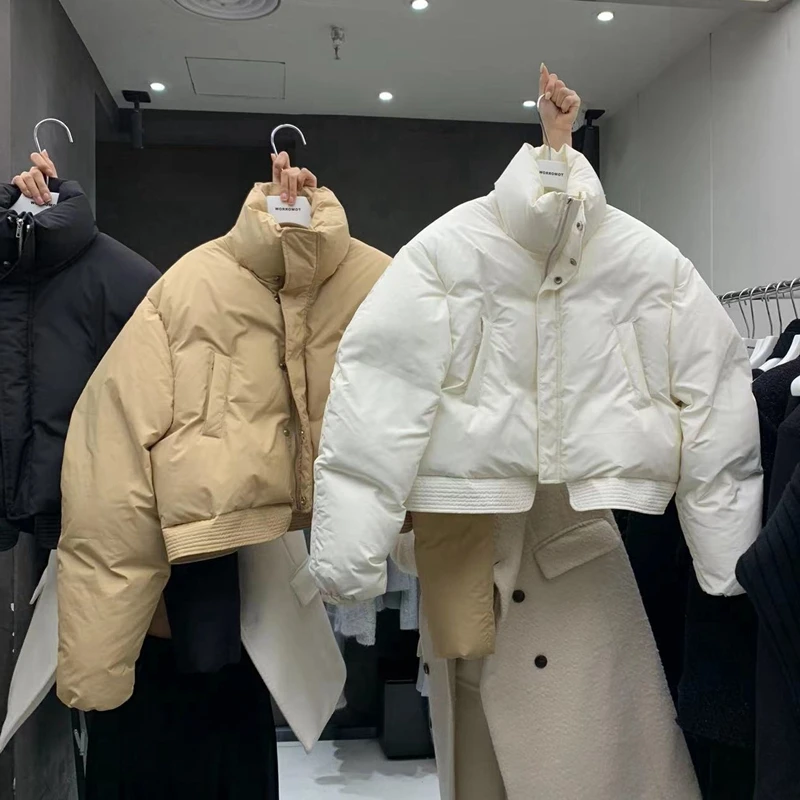 แบบสั้น Parkas เสื้อโค้ทผู้หญิงสไตล์วินเทจทรงหลวม, เสื้อโค้ทตัวหนาแนวสตรีทแฟชั่นสุดชิคใส่ได้ทุกแบบลำลองนิยมสไตล์เกาหลี