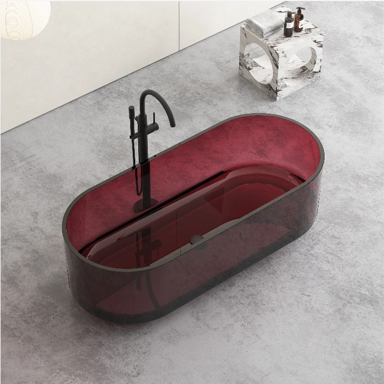 モダンな透明樹脂製自立式バスタブ（排水口付き、カスタムカラー、エアマッサージ、ソリッドサーフェス）