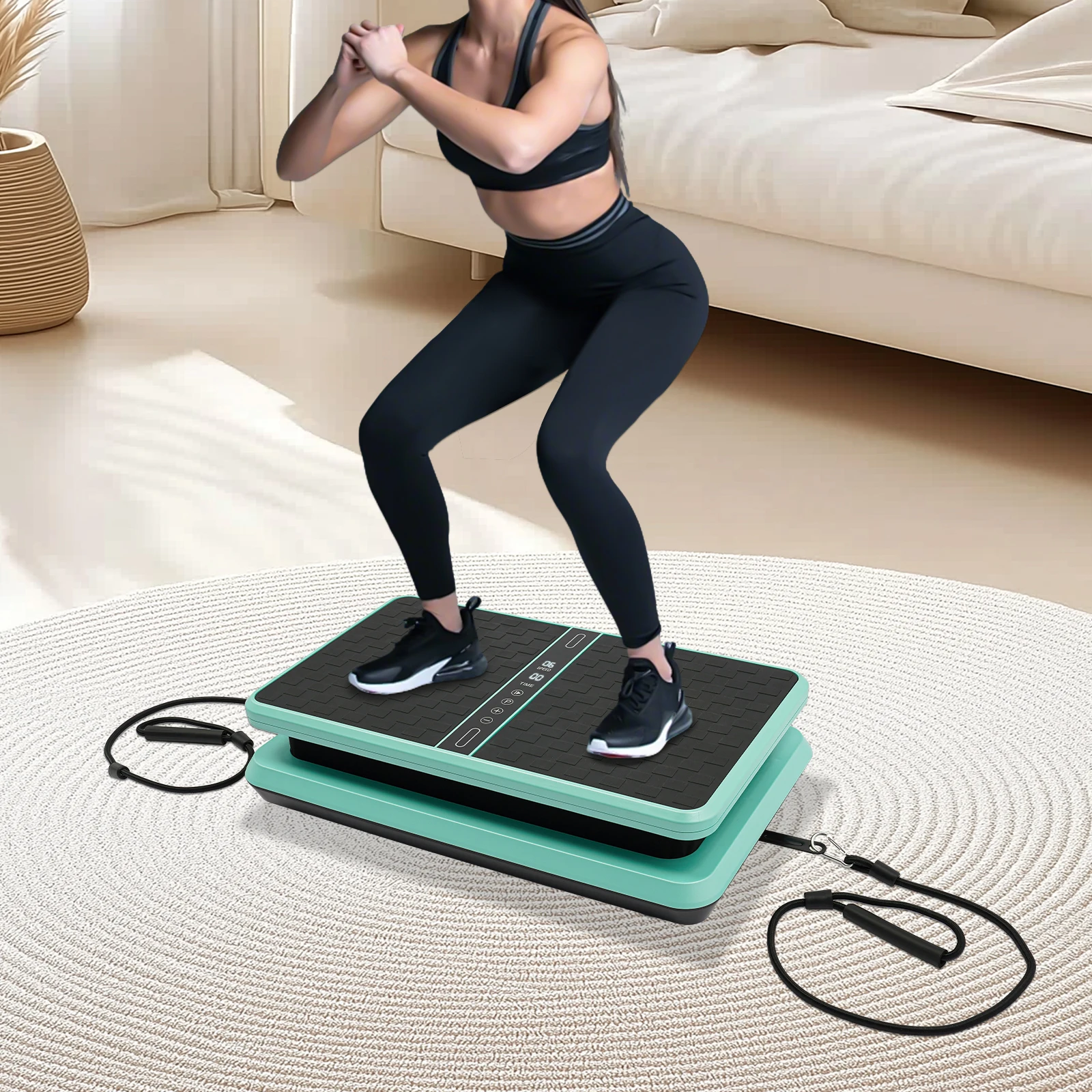 آلة تمرين لوحة الاهتزاز باللون الأخضر، مع أشرطة مقاومة وجهاز تحكم عن بعد، 99 سرعة قابلة للتعديل، لتخفيف وزن الجسم بالكامل