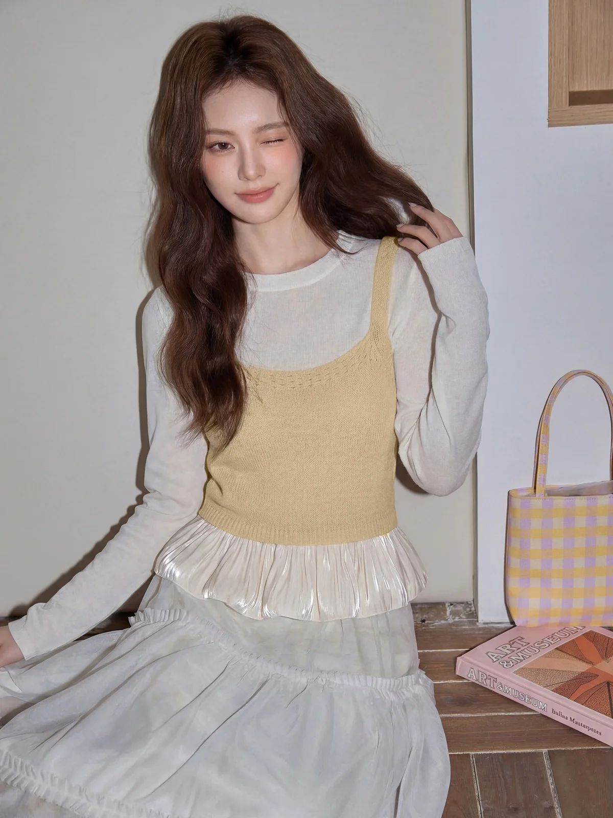 

Oversized Knitted Vest And Strap Top Set Women's Fashion Layering Spring Summer Breathable Texture round Neck Two-Piece Set