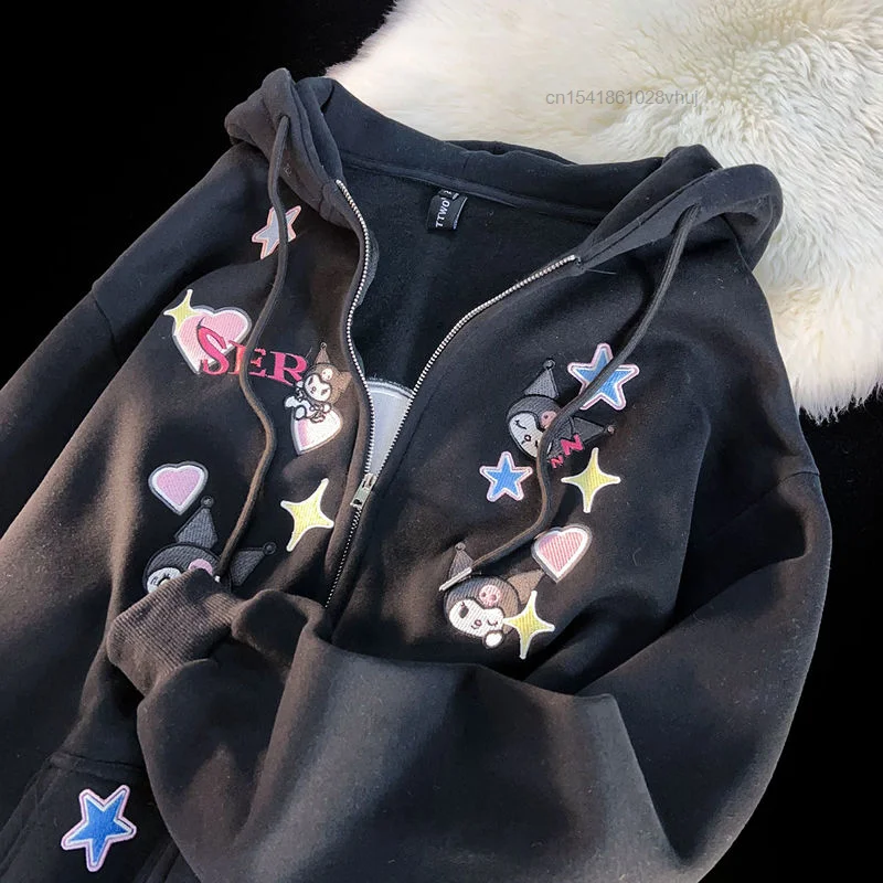 Sanrio Kuromi Zip Up Hoodie Y2k Aesthetic Kawaii New Cotton Coat Women Winter Plush Thickened Sweater Oversize Loose Top Female