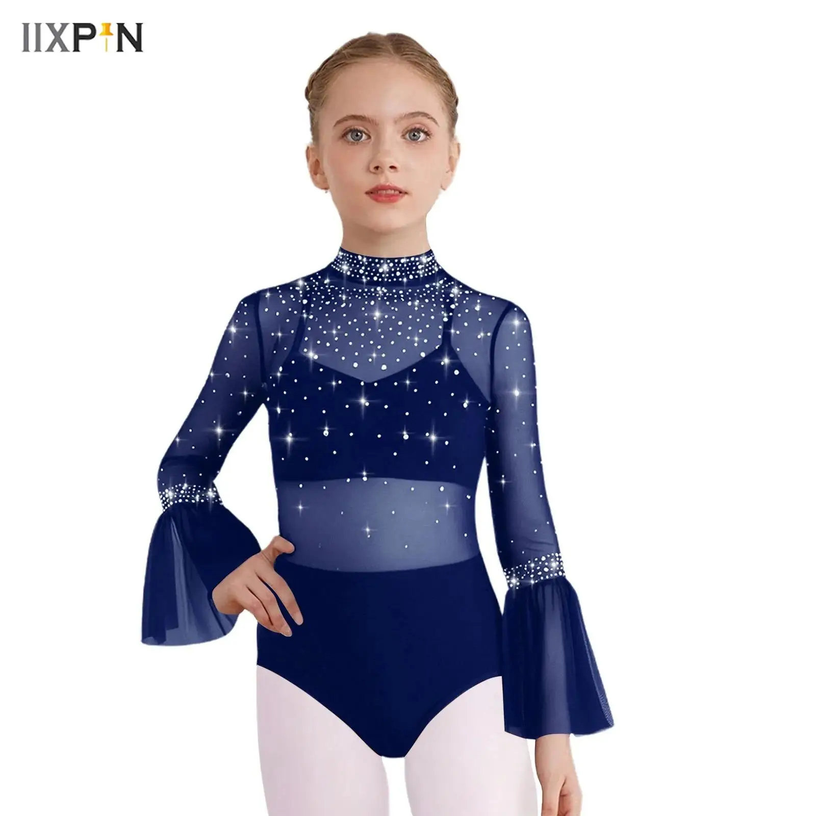 

Kids Girls Gymnastics Figure Skating Dance Leotard Flare Sleeve Sheer Mesh Patchwork Shiny Rhinestone Bodysuit Ballet Dancewear