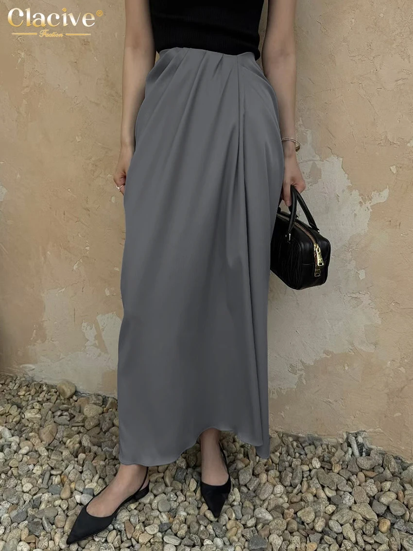 

Clacive Fashion Loose Gray Satin Women's Skirt 2025 Casual High Waist Long Skirt Elegant Classic Solid Skirts Female Clothing