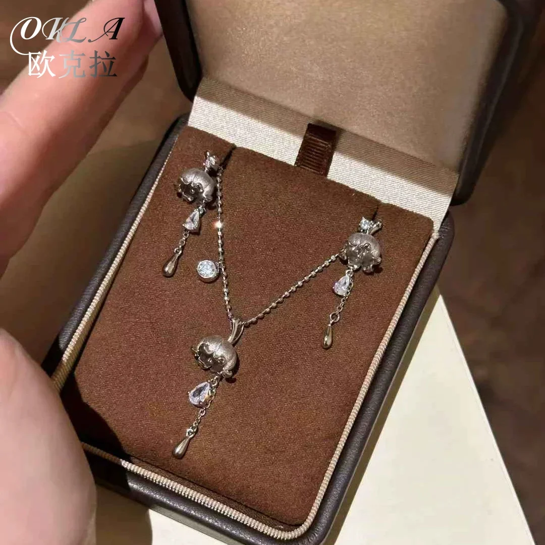 

Okla Retro Elegant Lily Of The Valley Flower Design Gold Color Tassel Necklaces Inlaid Zircon Earrings Jewelry Sets For Women