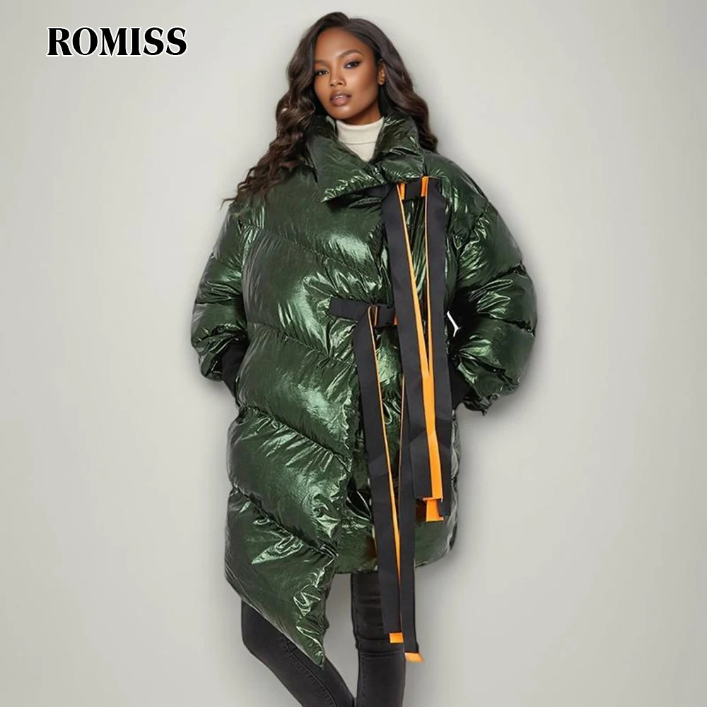 

ROMISS Streetwear Fashion Loose Coats For Women Stand Collar Long Sleeve Patchwork Lace Up Casual Colorblock Parkas Female New