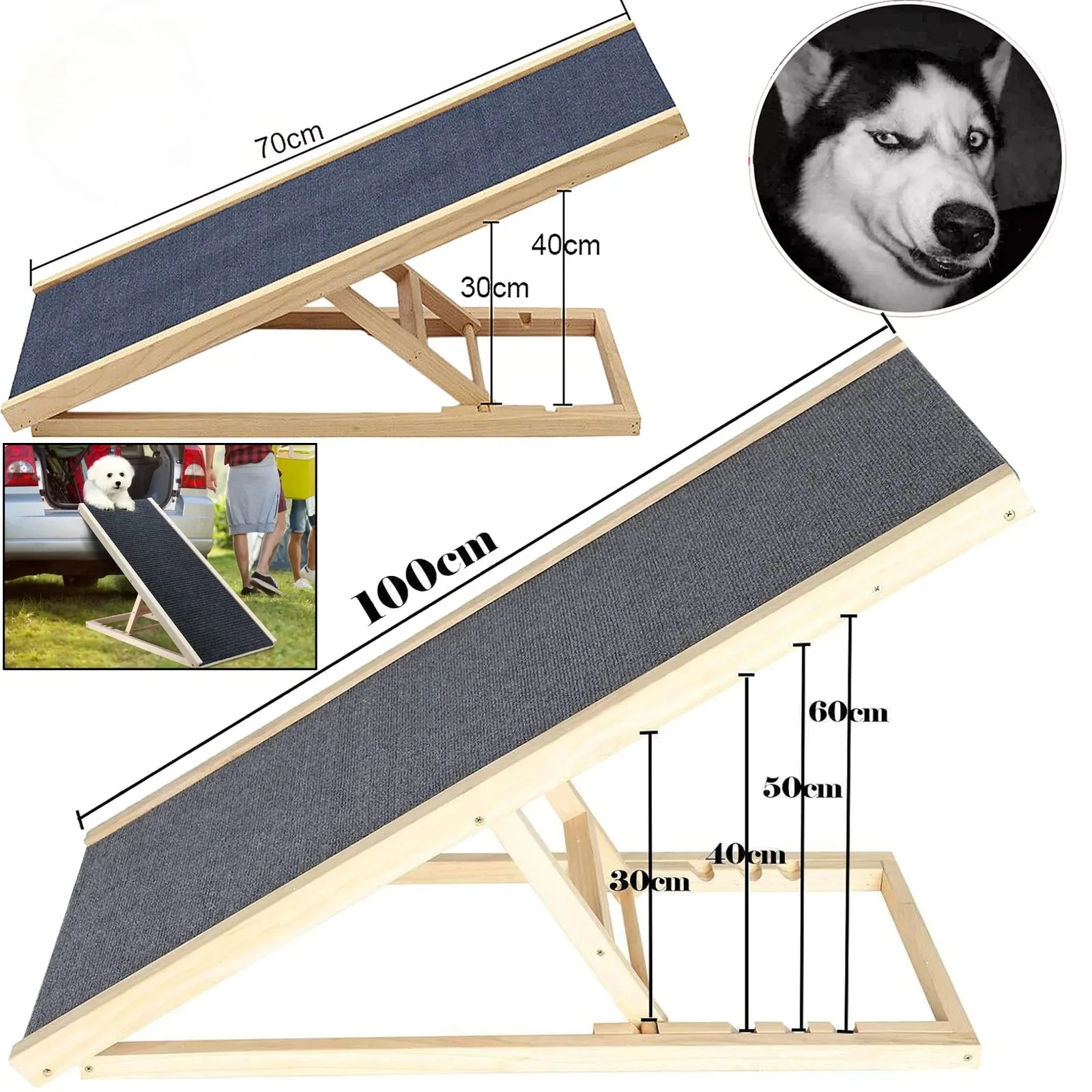 70cm/100cm Solid Wood Dog Staircase with Adjustable Height, Anti-slip Carpet and Widened Ramp Suitable for Car Travel