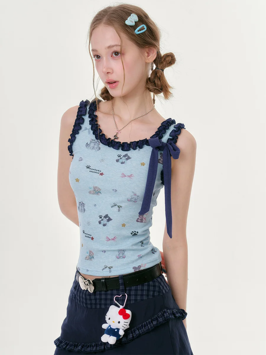 

ZiziFei Summer Fun Print Ruffle Trim Slim Fit Blue Camisole Women's Top Polyester round Neck H-Shape Vest Animal Print
