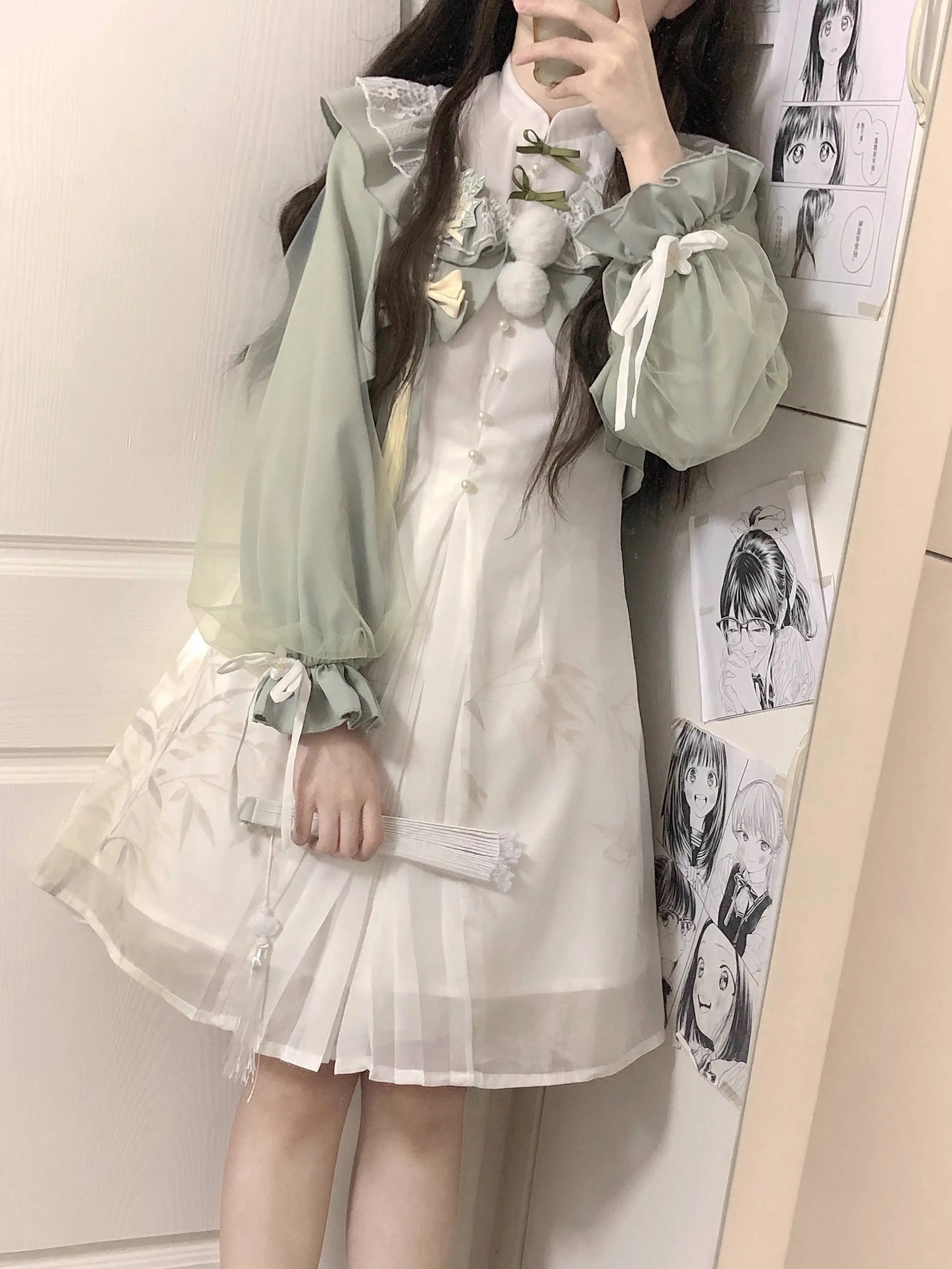 

Chinese Hanfu Green Plum Green Tea New Chinese Style National Style Clothes Han Element Dress Coat Set For Girls