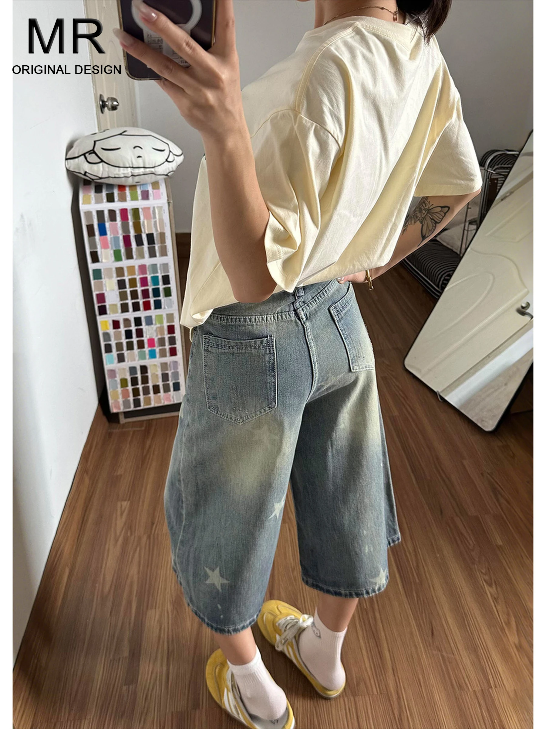 

American Style High Waist Wide Leg Seven-Five Denim Jeans Women's Summer Design Star Print Straight Leg Pants Casual Loose Fit