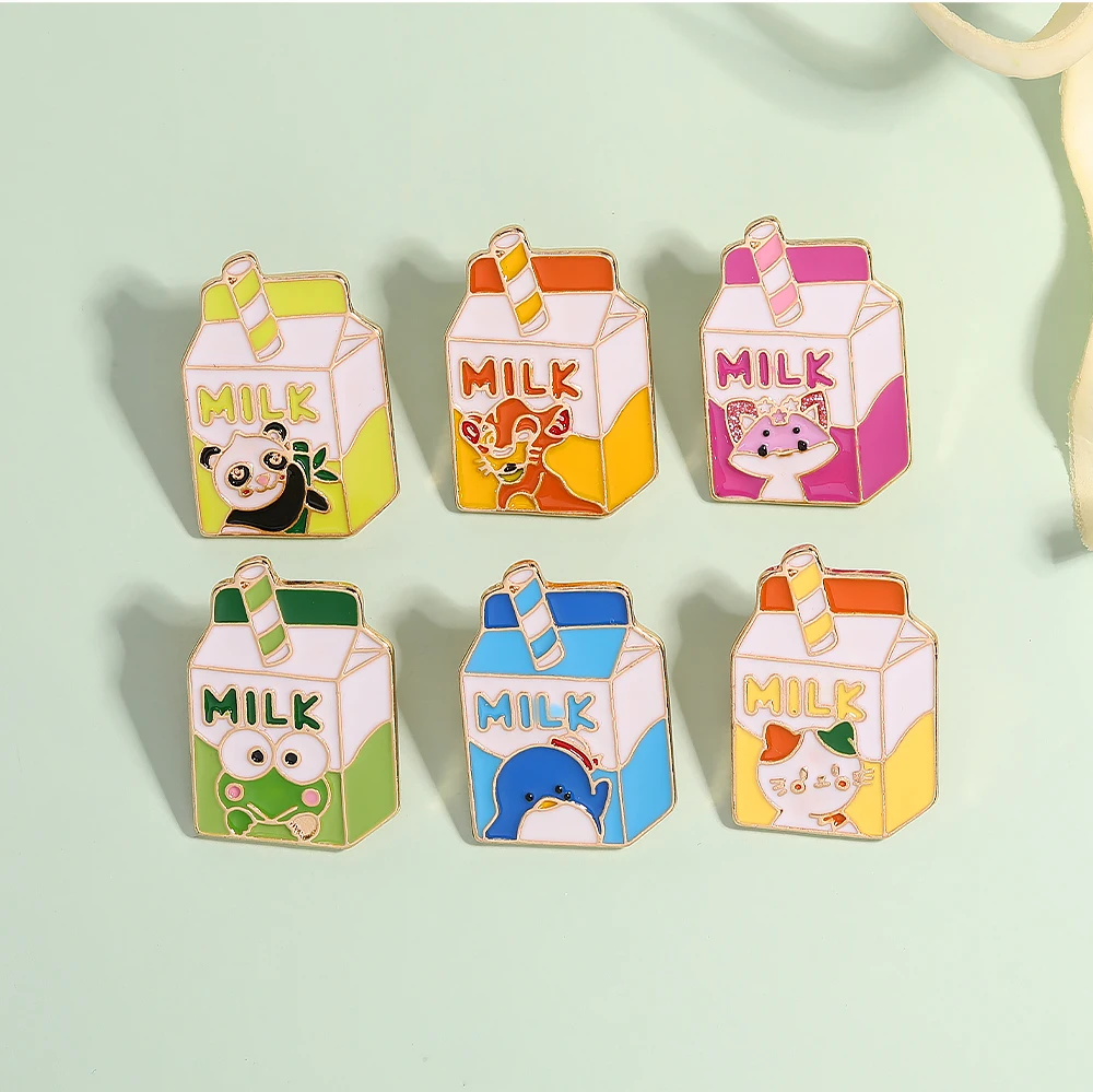 6Styles Cute Cartoon Animal Pattern Milk Shaped Enamel Brooches Penguin Panda Cat Tiger Frog Pins For Backpack Bag Hat Jewelry