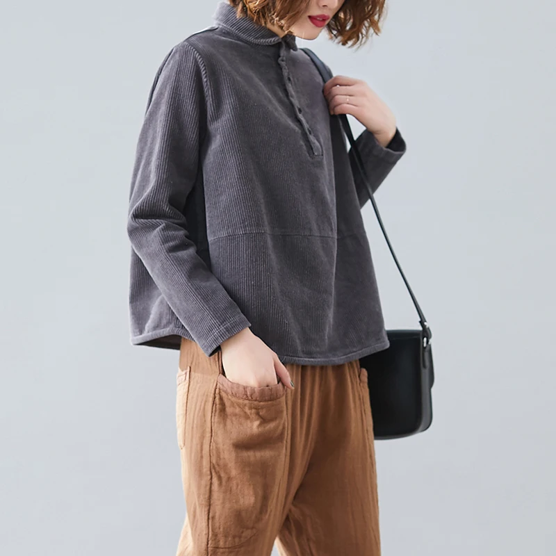 Herbst Winter Casual Reine Farbe Cord Lange Sve irt Jaet plus Größe frauen Kleinen Kragen Casual Vielseitig Overhead top