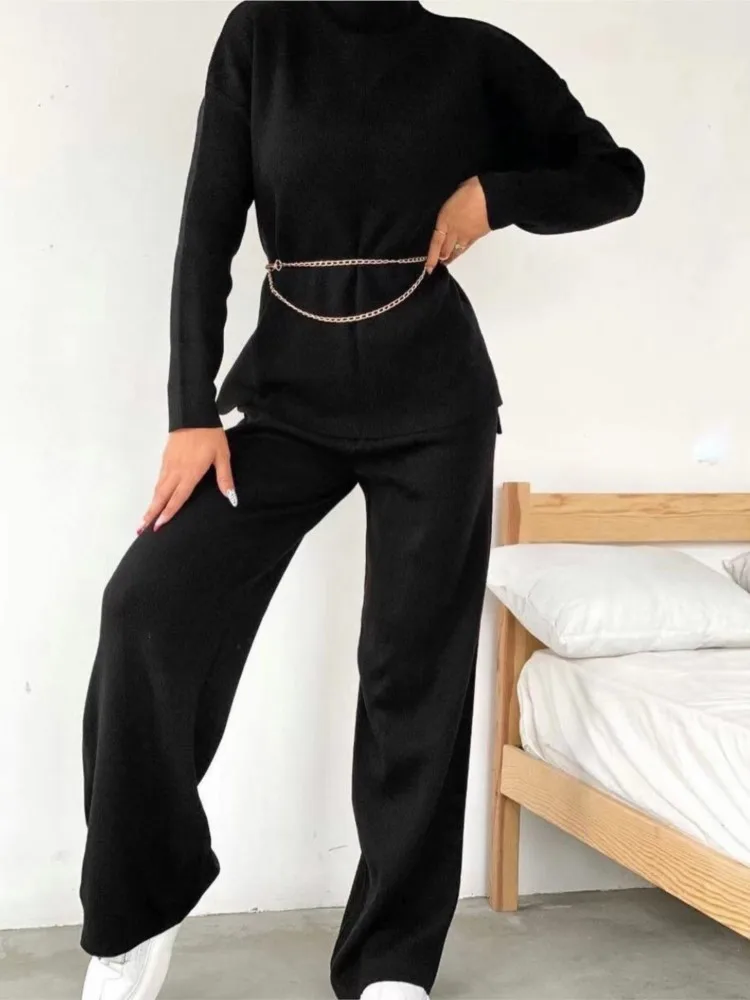 Casual Knit Top And Wide Lag Pant Set Half High Neck Sweater Wide Leg Pant Winter Women Suit Loose Fashion Autumn Female Outfits